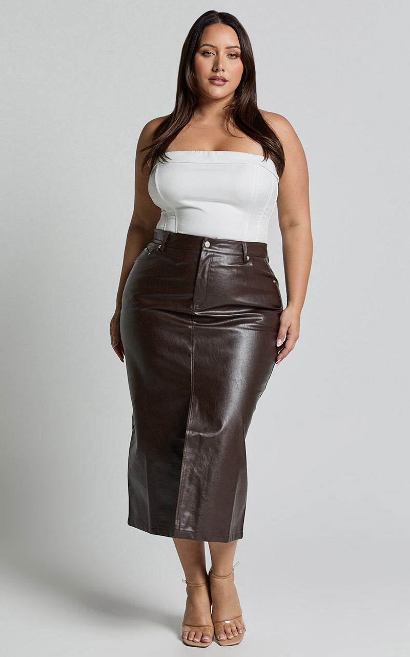 Showpo Jules Midi Skirt - Faux Leather High Waisted Front Split Midi Skirt Chocolate | WSYFCH026