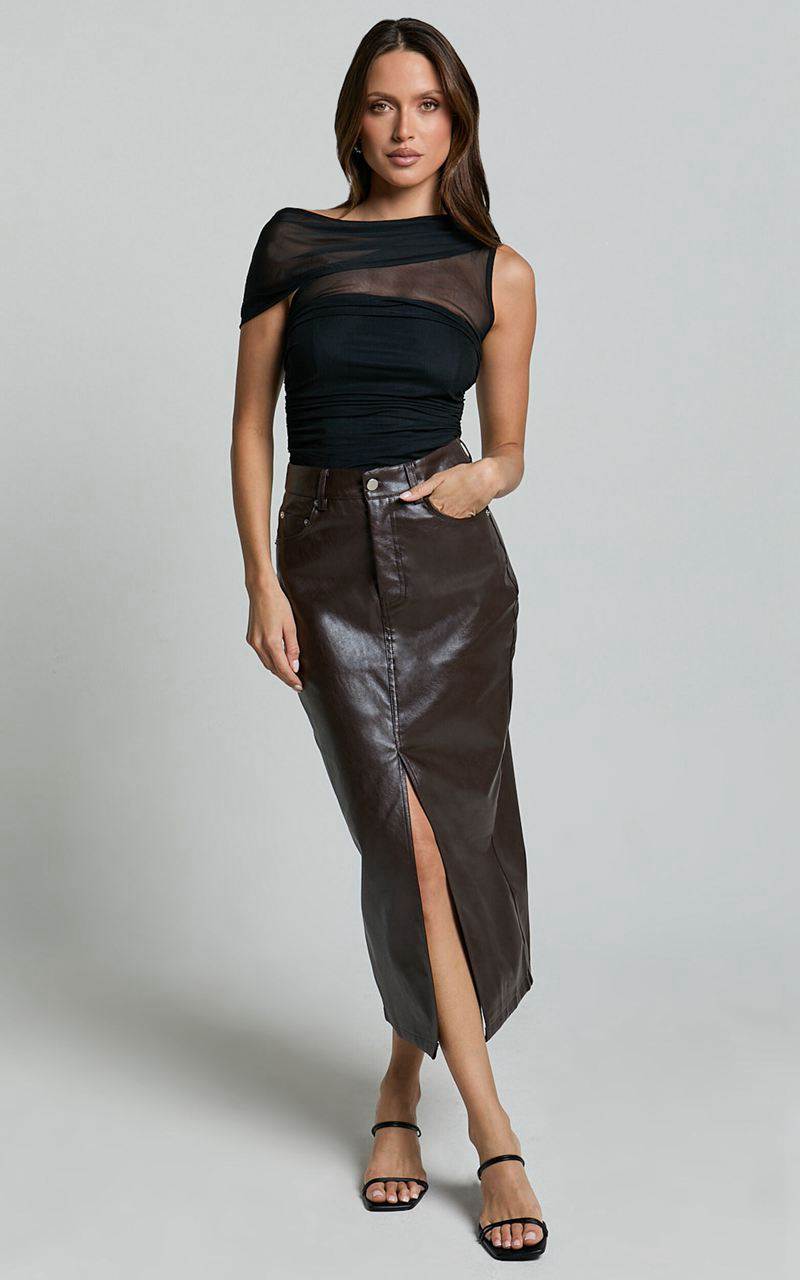 Showpo Jules Midi Skirt - Faux Leather High Waisted Front Split Midi Skirt Chocolate | WSYFCH026