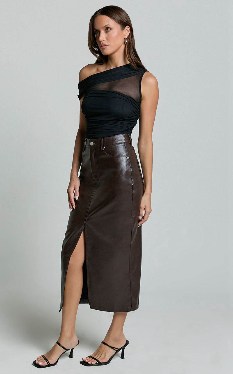 Showpo Jules Midi Skirt - Faux Leather High Waisted Front Split Midi Skirt Chocolate | WSYFCH026