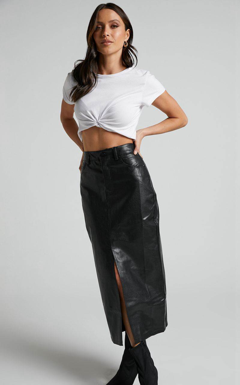 Showpo Jules Midi Skirt - Faux Leather High Waisted Front Split Midi Skirt Black | YNHOXL957