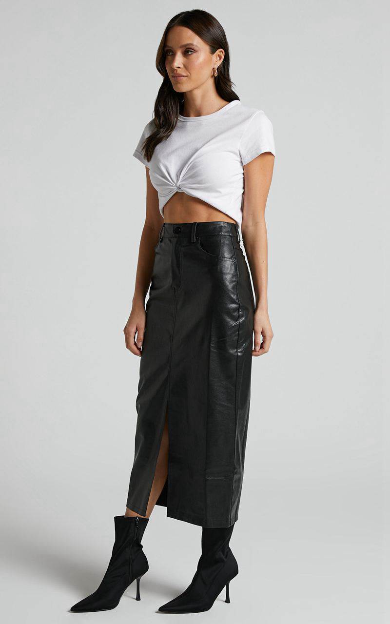 Showpo Jules Midi Skirt - Faux Leather High Waisted Front Split Midi Skirt Black | YNHOXL957