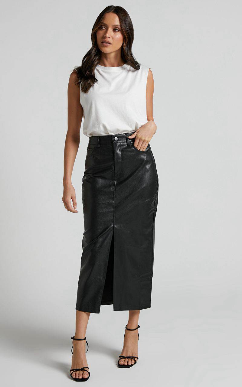 Showpo Jules Midi Skirt - Faux Leather High Waisted Front Split Midi Skirt Black | YNHOXL957