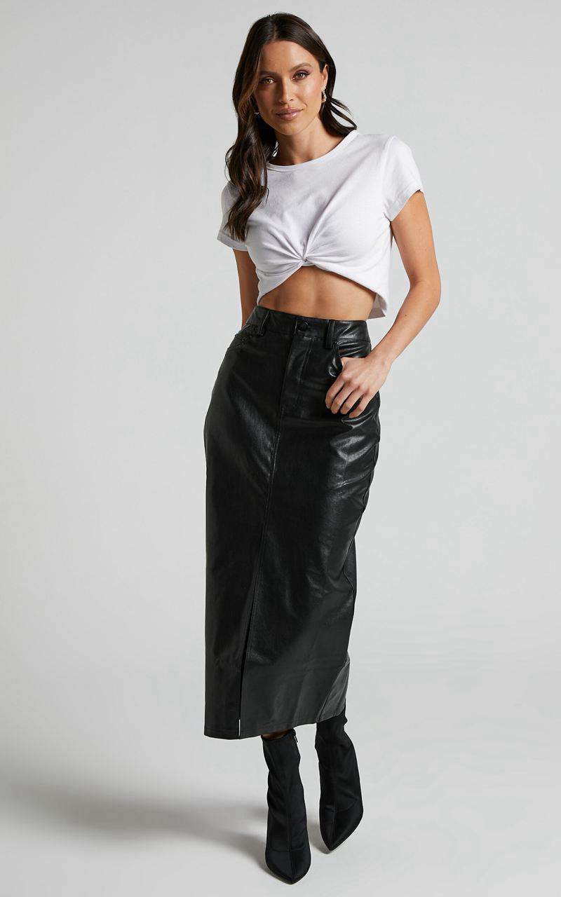 Showpo Jules Midi Skirt - Faux Leather High Waisted Front Split Midi Skirt Black | YNHOXL957