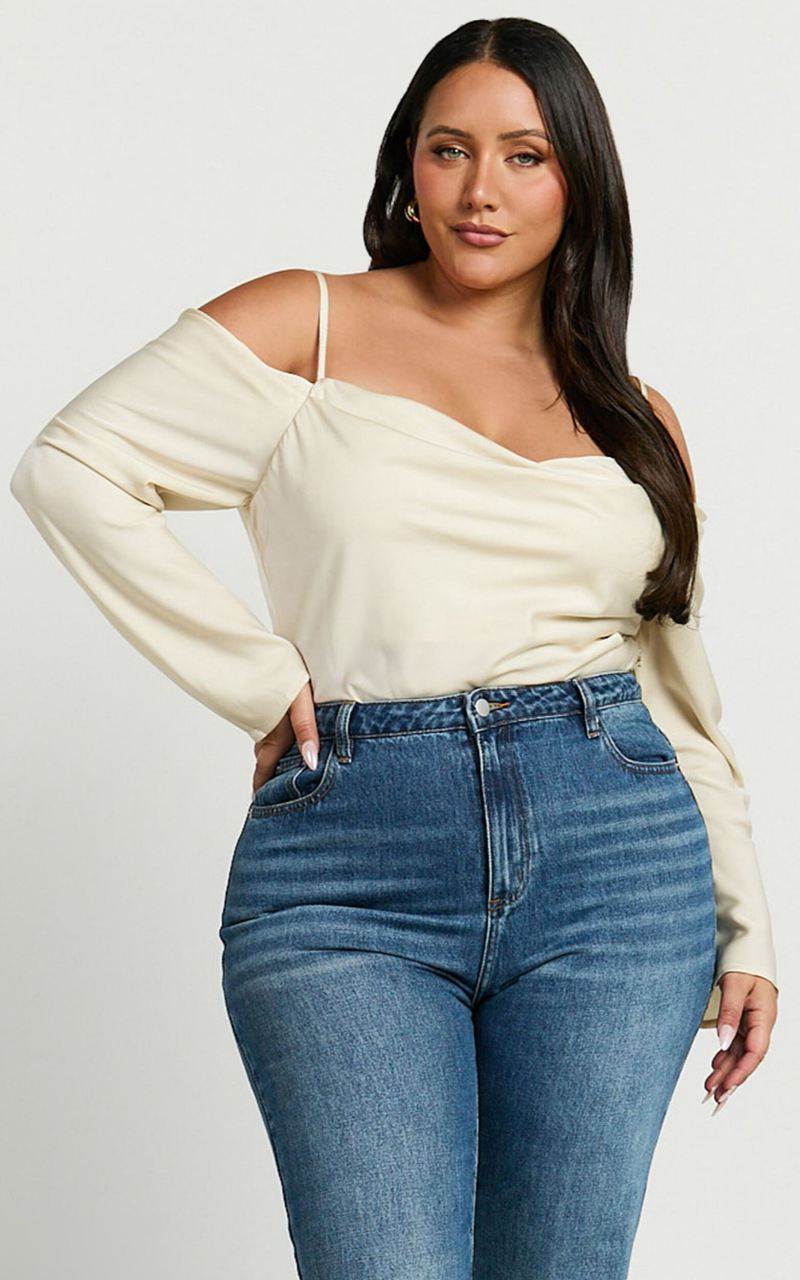 Showpo Julian Top - Off Shoulder Long Sleeve Cowl Neck Top Ivory | IPYRED043