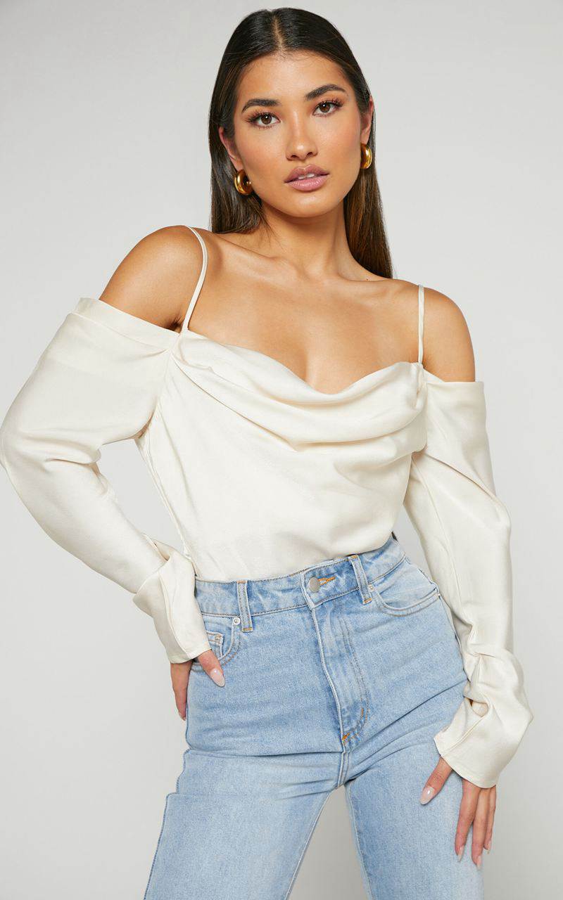 Showpo Julian Top - Off Shoulder Long Sleeve Cowl Neck Top Ivory | IPYRED043