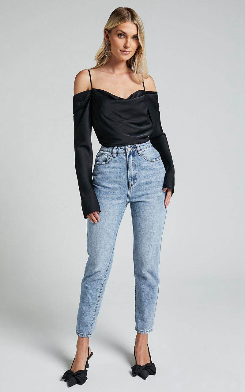 Showpo Julian Top - Off Shoulder Long Sleeve Cowl Neck Top Black | HCZWQS059