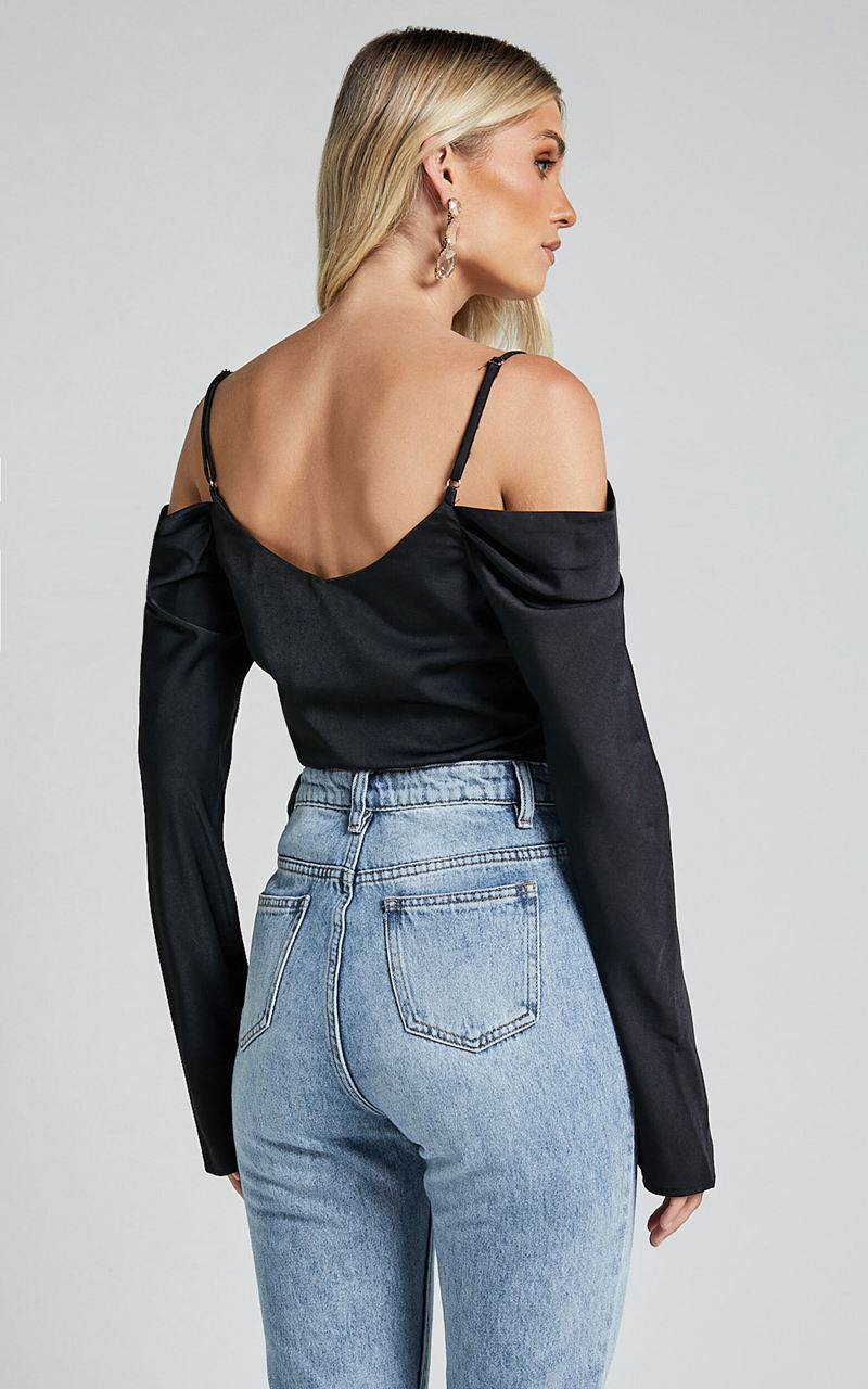 Showpo Julian Top - Off Shoulder Long Sleeve Cowl Neck Top Black | HCZWQS059