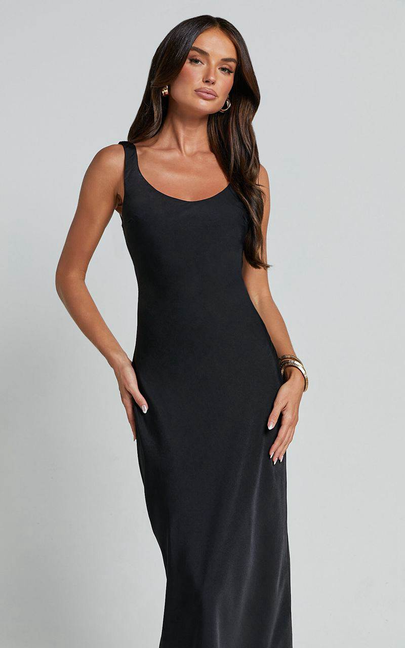 Showpo Julie Midi Dress - Scoop Neck Low Back Satin Slip Dress Black | BJYAHW684