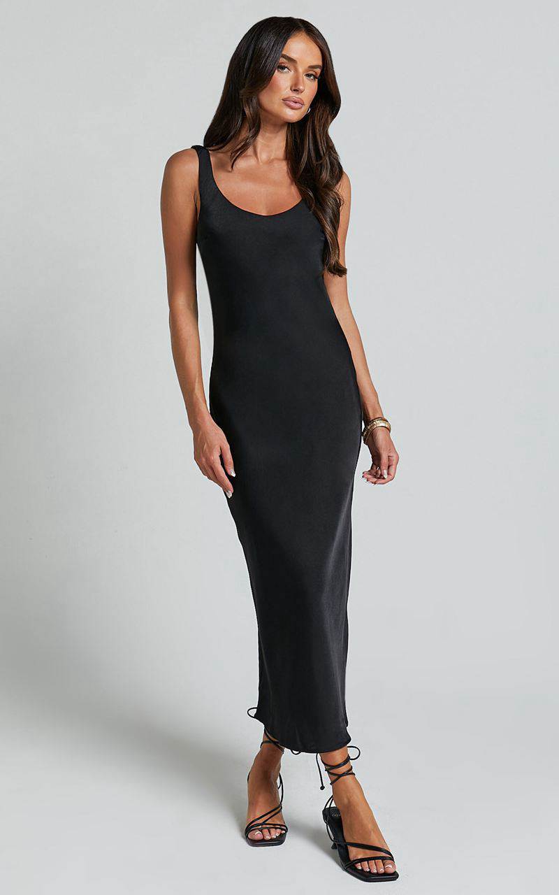 Showpo Julie Midi Dress - Scoop Neck Low Back Satin Slip Dress Black | BJYAHW684