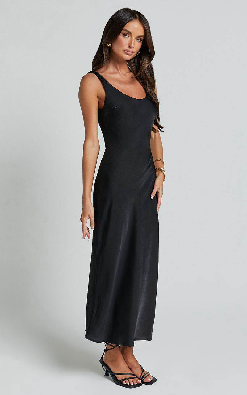 Showpo Julie Midi Dress - Scoop Neck Low Back Satin Slip Dress Black | BJYAHW684