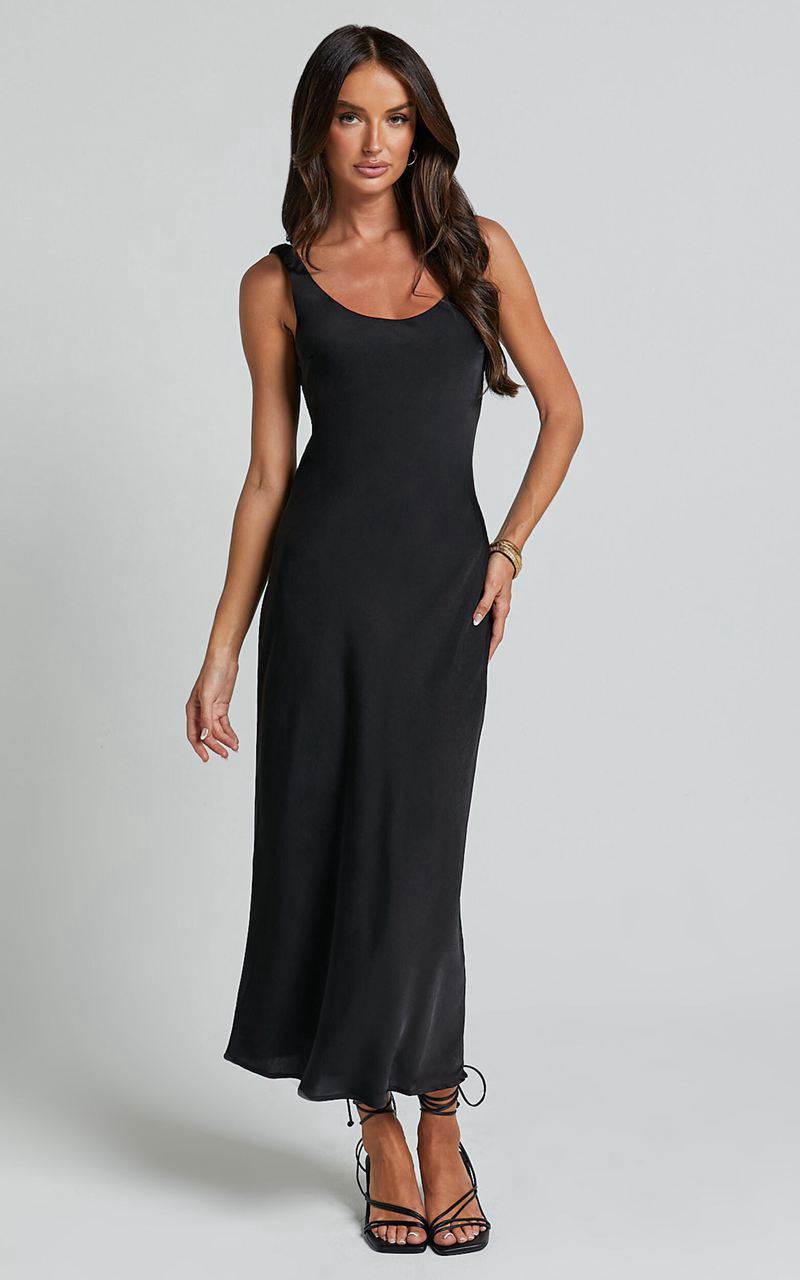 Showpo Julie Midi Dress - Scoop Neck Low Back Satin Slip Dress Black | BJYAHW684