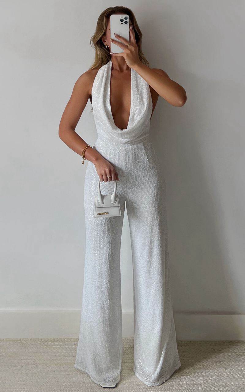 Showpo Julien Jumpsuit - Backless Wide Leg Cowl Neck Sequin Jumpsuit White | OEIZTK352