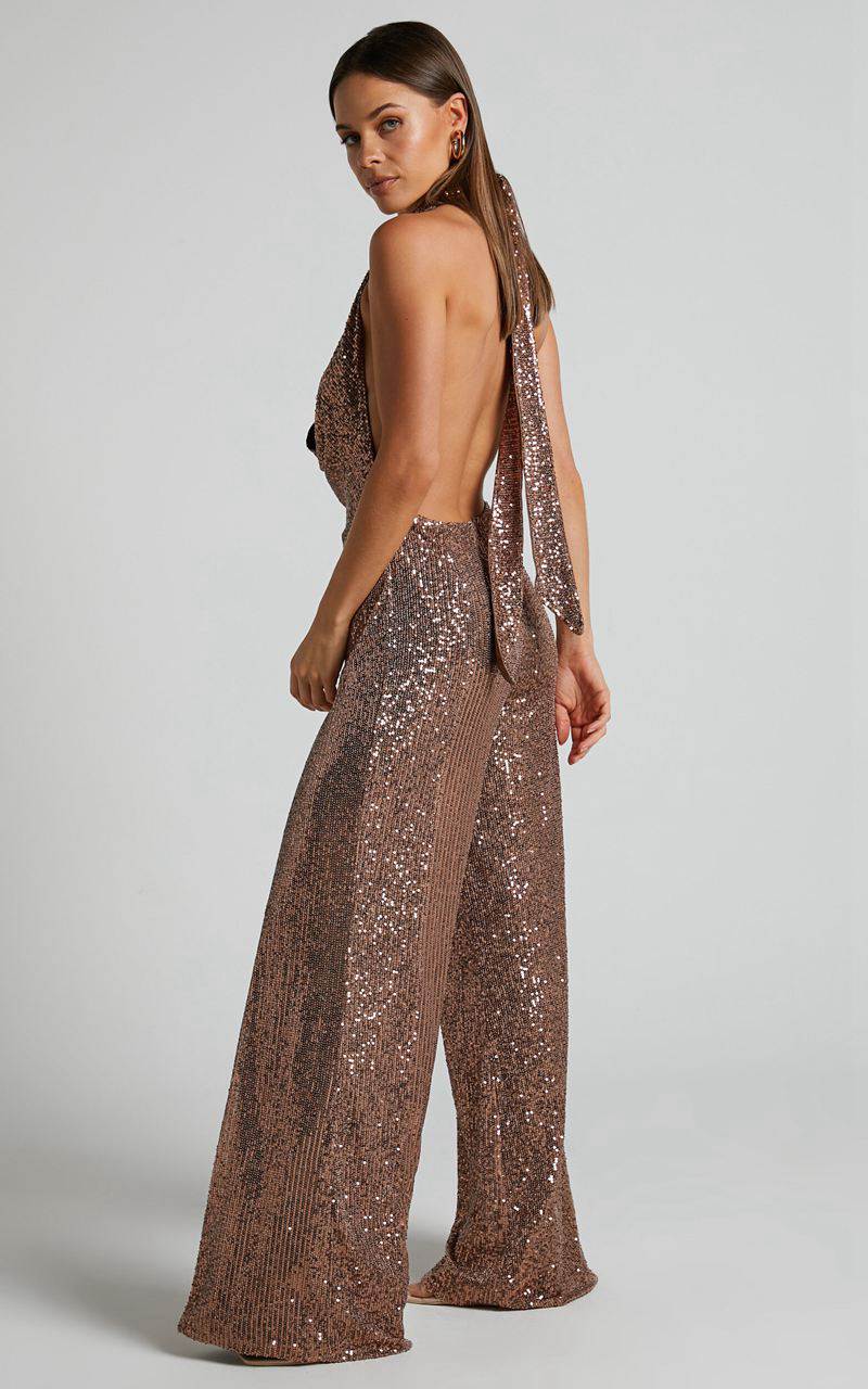 Showpo Julien Jumpsuit - Backless Wide Leg Cowl Neck Sequin Jumpsuit Bronze | LCIEQM045