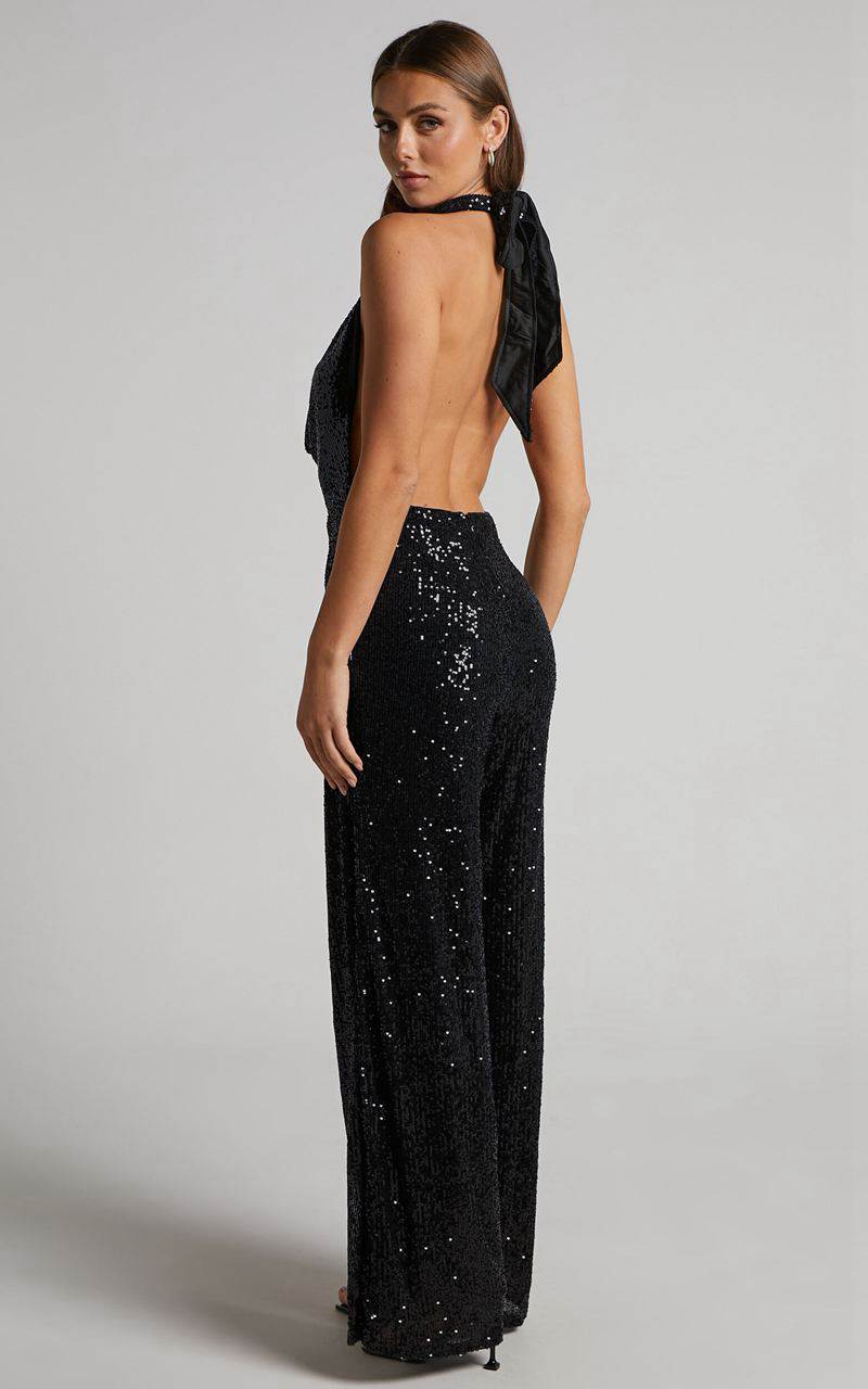 Showpo Julien Jumpsuit - Backless Wide Leg Cowl Neck Sequin Jumpsuit Black | XTRNLU521