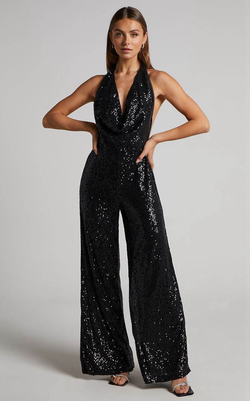 Showpo Julien Jumpsuit - Backless Wide Leg Cowl Neck Sequin Jumpsuit Black | XTRNLU521