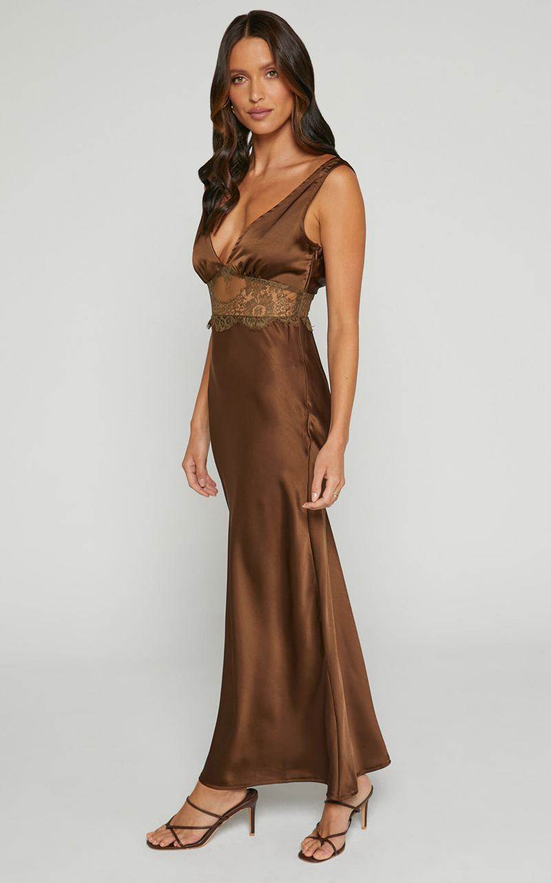 Showpo Juliet Midi Dress - V Neck Lace Insert Satin Slip Dress Chocolate | ITKVGB563