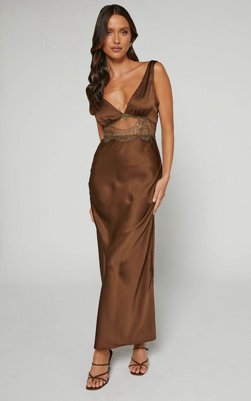 Showpo Juliet Midi Dress - V Neck Lace Insert Satin Slip Dress Chocolate | ITKVGB563