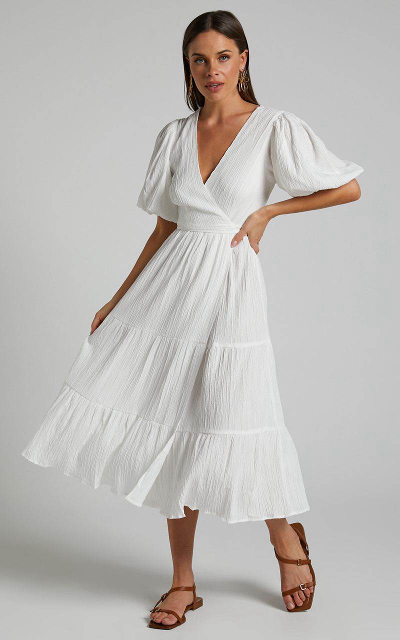 Showpo Junmae Midi Dress - Tiered Waffle Wrap Dress Ivory | POAYFG915