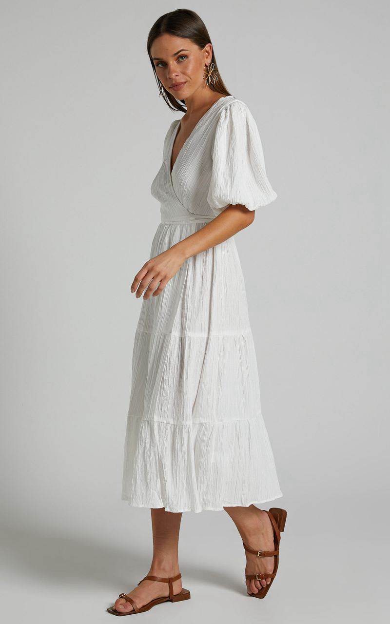 Showpo Junmae Midi Dress - Tiered Waffle Wrap Dress Ivory | POAYFG915