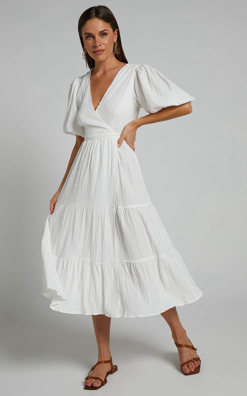 Showpo Junmae Midi Dress - Tiered Waffle Wrap Dress Ivory | POAYFG915