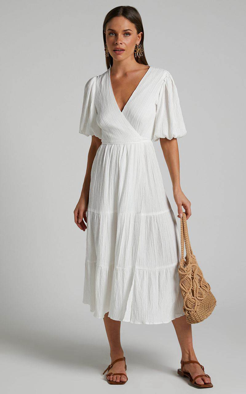 Showpo Junmae Midi Dress - Tiered Waffle Wrap Dress Ivory | POAYFG915