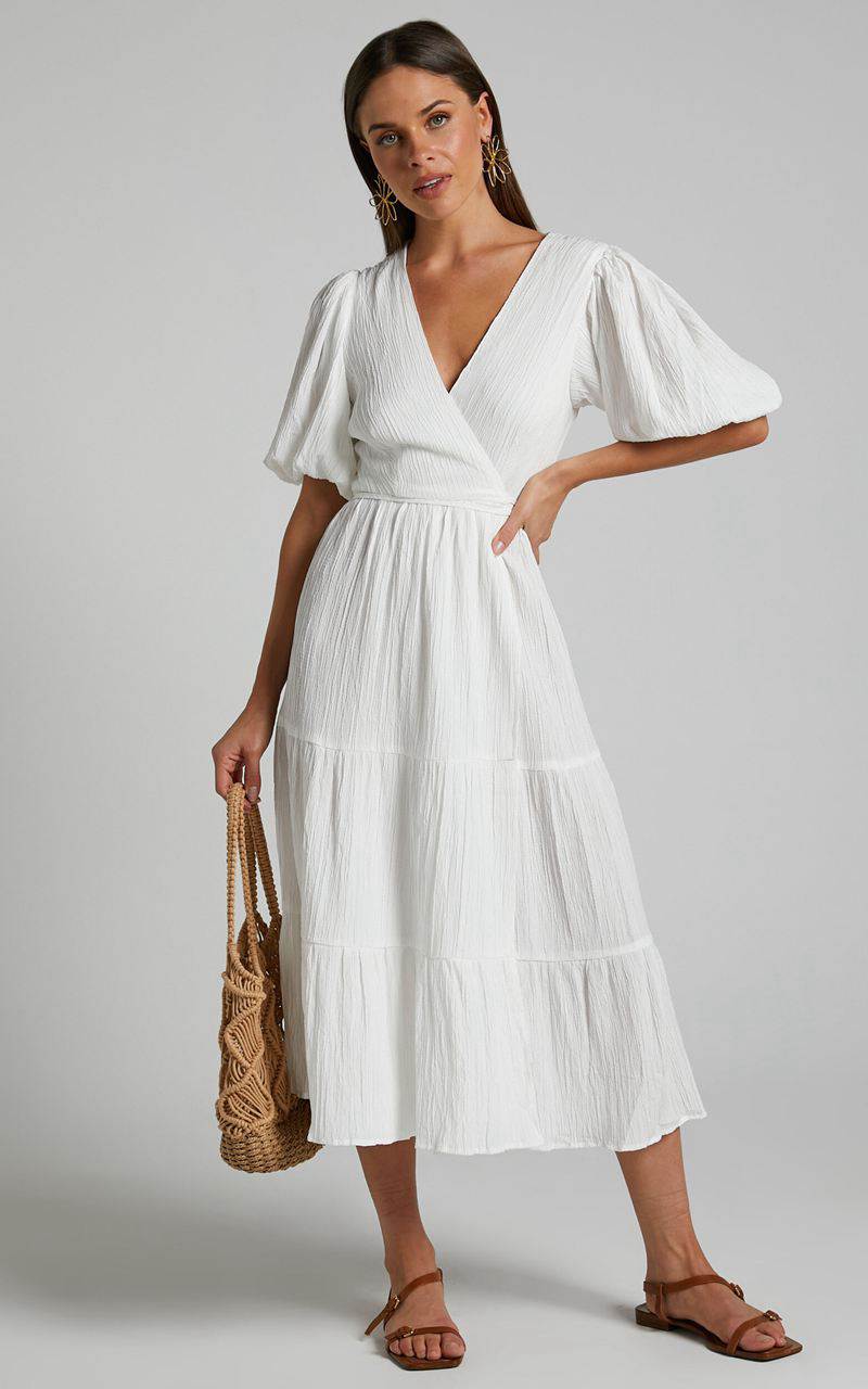 Showpo Junmae Midi Dress - Tiered Waffle Wrap Dress Ivory | POAYFG915