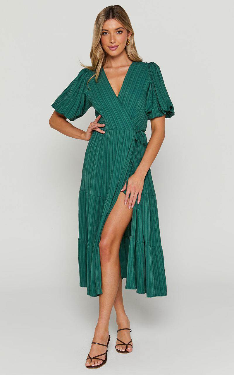 Showpo Junmae Midi Dress - Tiered Waffle Wrap Dress Forest Green | ZSUJFR973