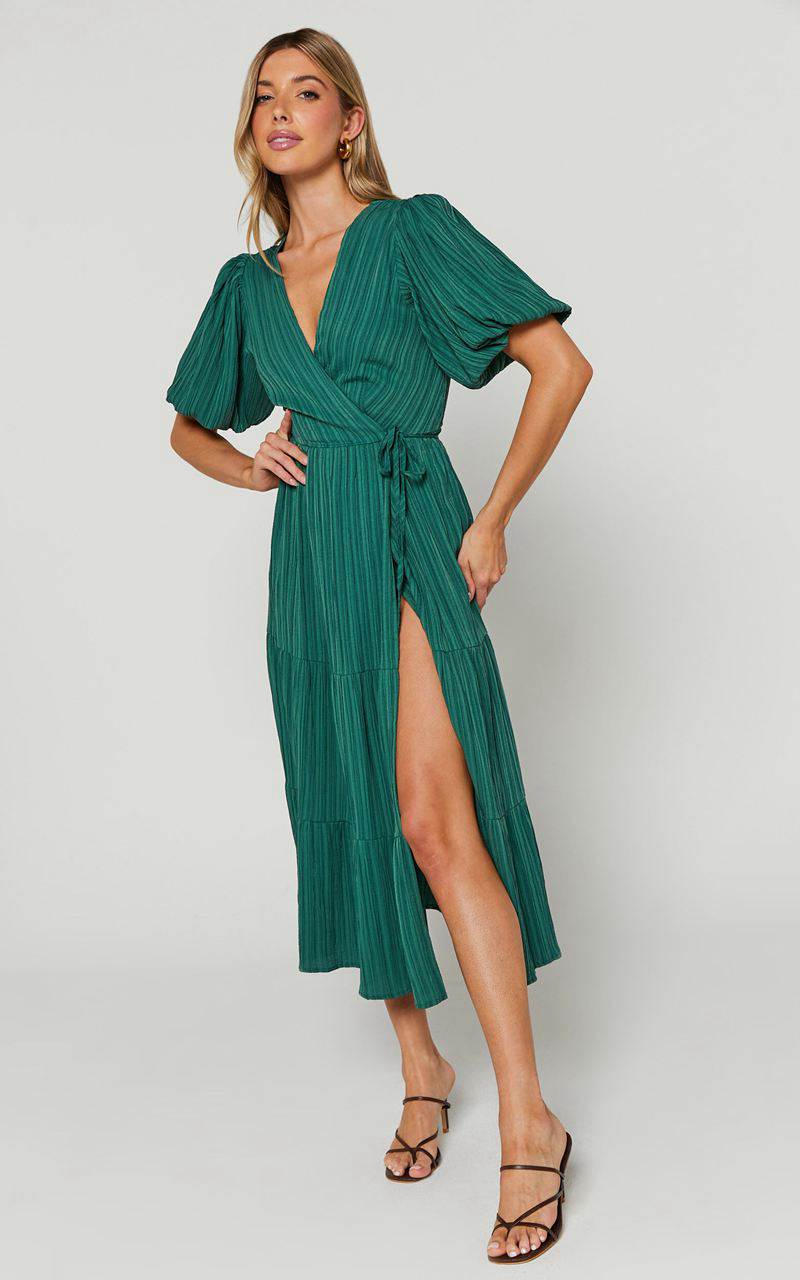 Showpo Junmae Midi Dress - Tiered Waffle Wrap Dress Forest Green | ZSUJFR973