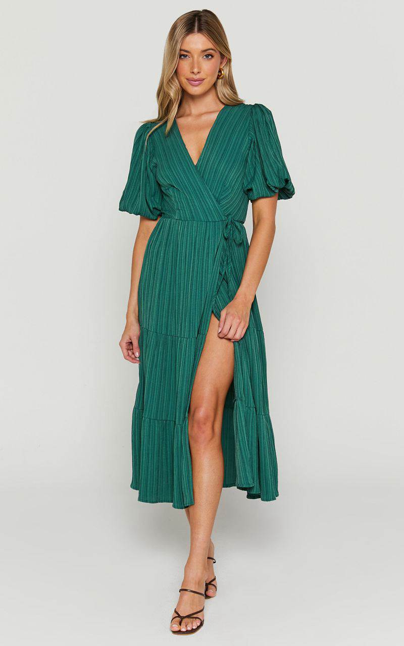 Showpo Junmae Midi Dress - Tiered Waffle Wrap Dress Forest Green | ZSUJFR973