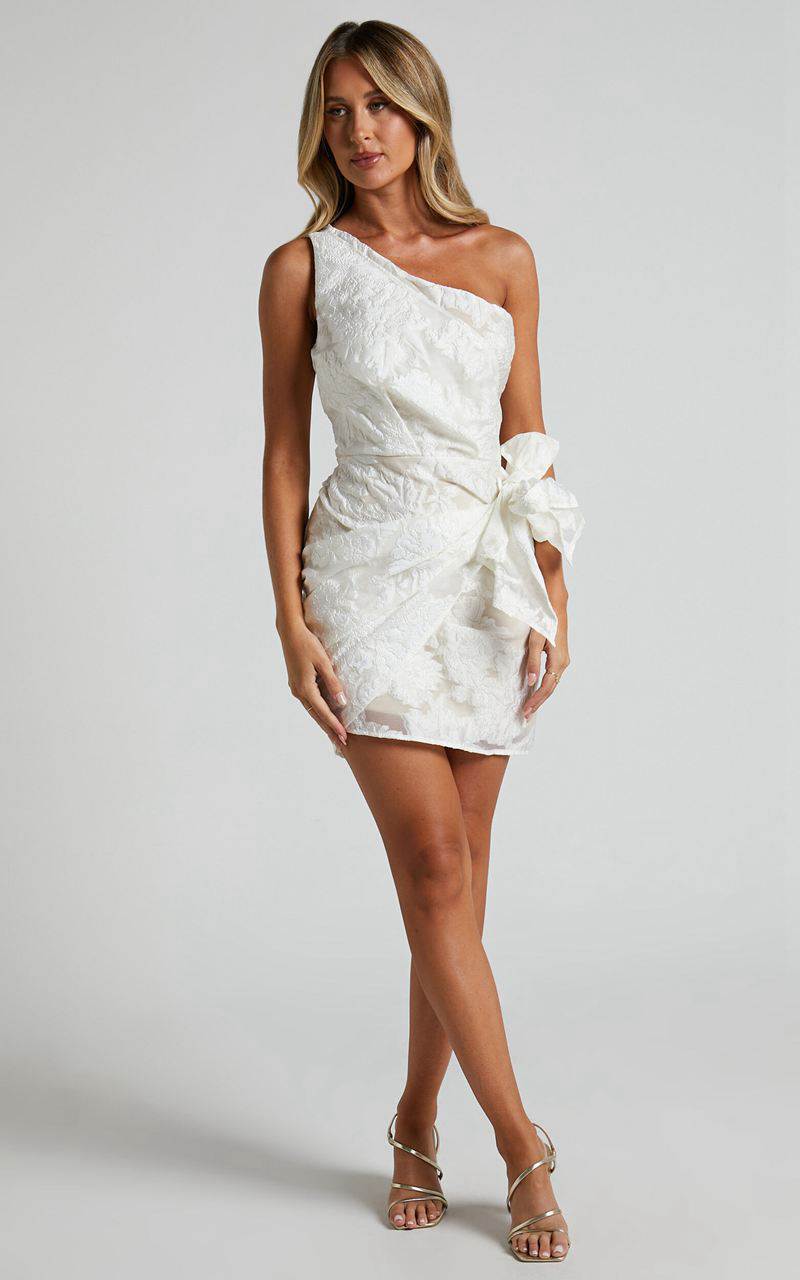 Showpo Kailey Mini Dress - One Shoulder Wrap Front Dress White & Beige Jacquard | PTASGK967