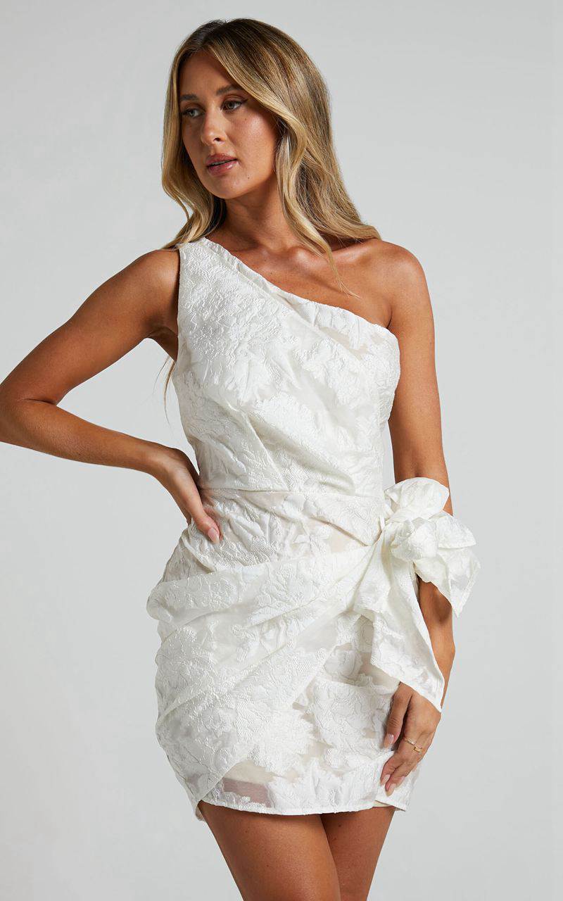 Showpo Kailey Mini Dress - One Shoulder Wrap Front Dress White & Beige Jacquard | PTASGK967