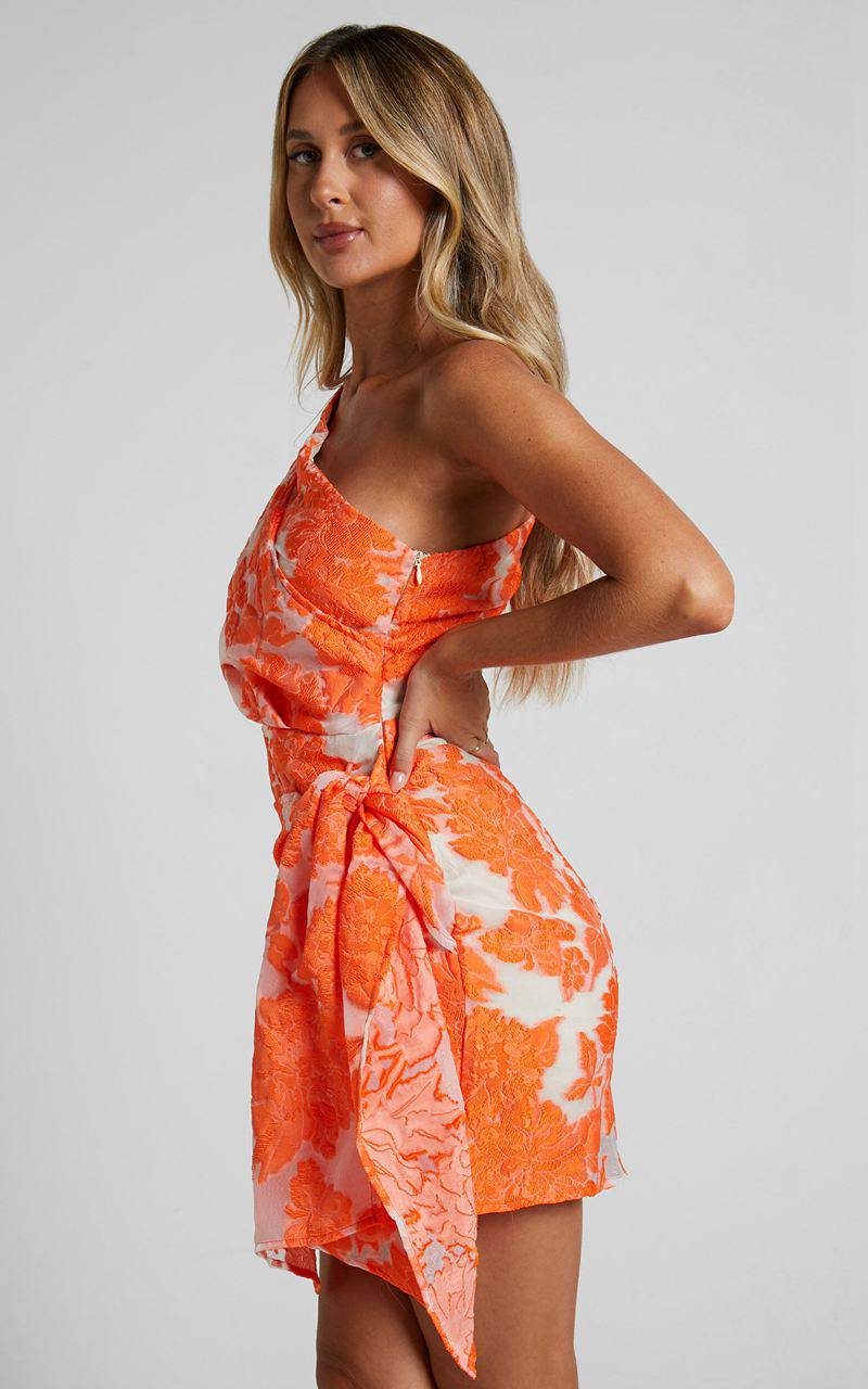 Showpo Kailey Mini Dress - One Shoulder Wrap Front Dress Orange & Beige Jacquard | RAJNLB625