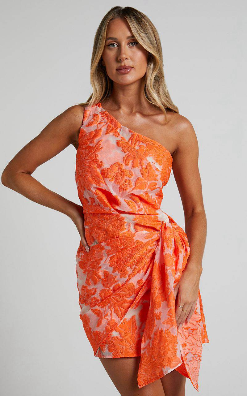 Showpo Kailey Mini Dress - One Shoulder Wrap Front Dress Orange & Beige Jacquard | RAJNLB625