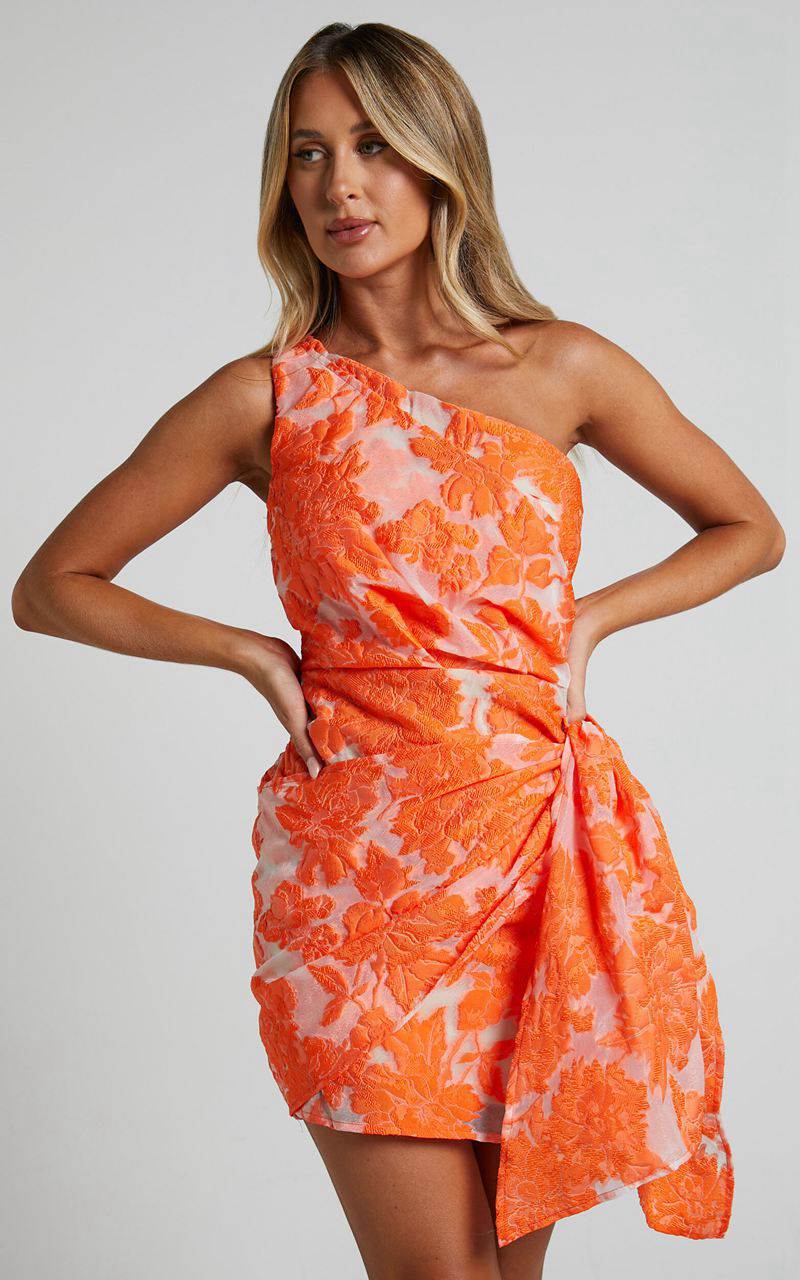 Showpo Kailey Mini Dress - One Shoulder Wrap Front Dress Orange & Beige Jacquard | RAJNLB625