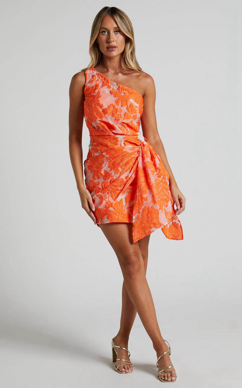 Showpo Kailey Mini Dress - One Shoulder Wrap Front Dress Orange & Beige Jacquard | RAJNLB625