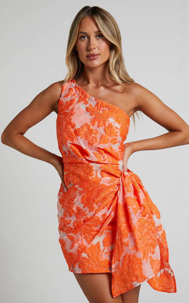 Showpo Kailey Mini Dress - One Shoulder Wrap Front Dress Orange & Beige Jacquard | RAJNLB625