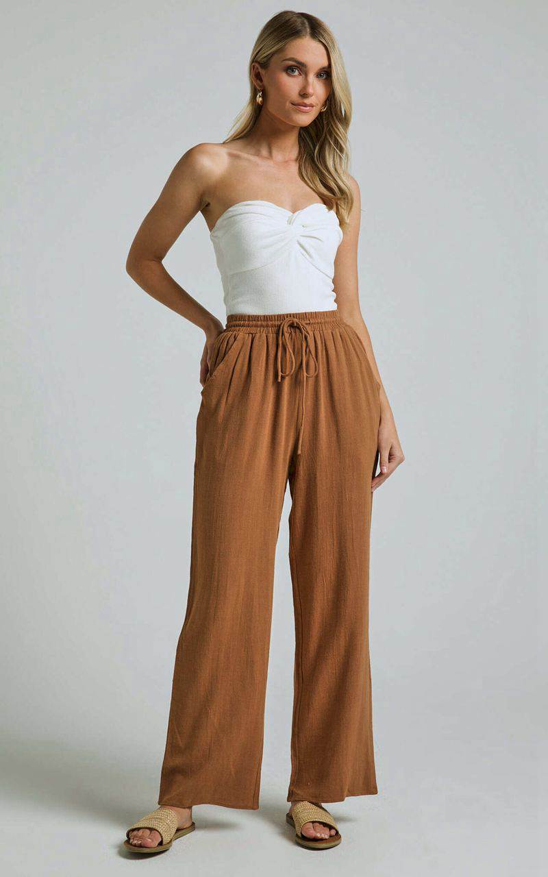 Showpo Kala Pants - Mid Waisted Relaxed Elastic Waist Pants Tobacco | OICJUV392