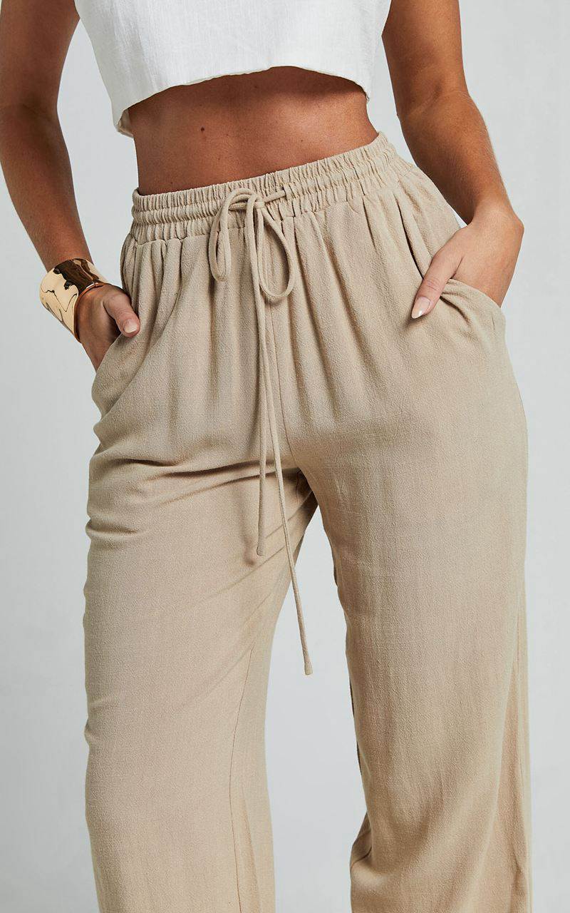 Showpo Kala Pants - Mid Waisted Relaxed Elastic Waist Pants Sand | ORCUSW568