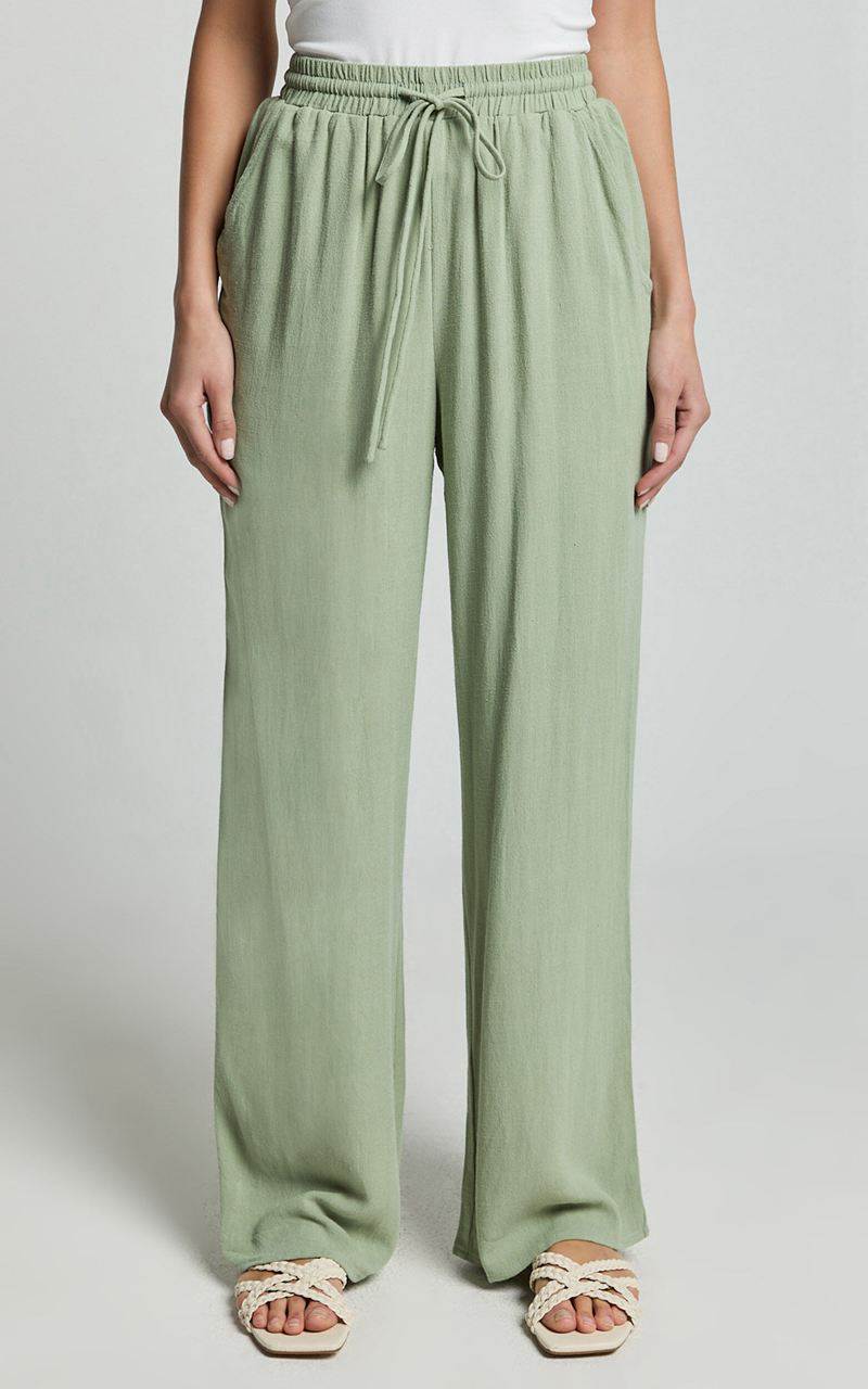 Showpo Kala Pants - Mid Waisted Relaxed Elastic Waist Pants Sage | VEWUNK372