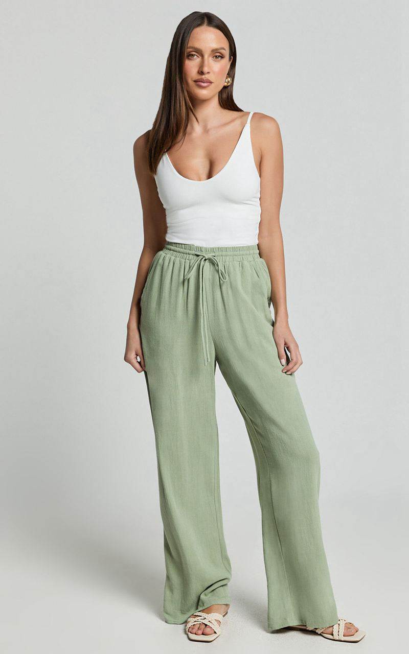 Showpo Kala Pants - Mid Waisted Relaxed Elastic Waist Pants Sage | VEWUNK372