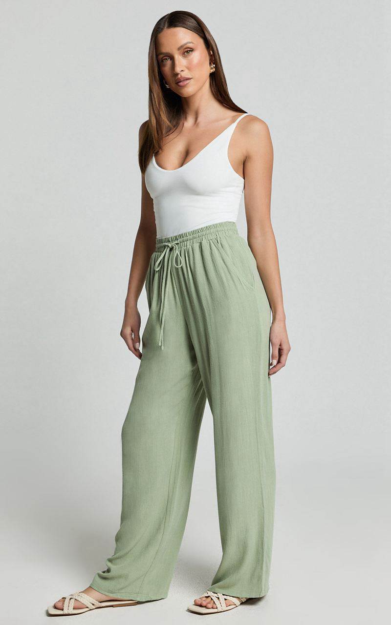 Showpo Kala Pants - Mid Waisted Relaxed Elastic Waist Pants Sage | VEWUNK372