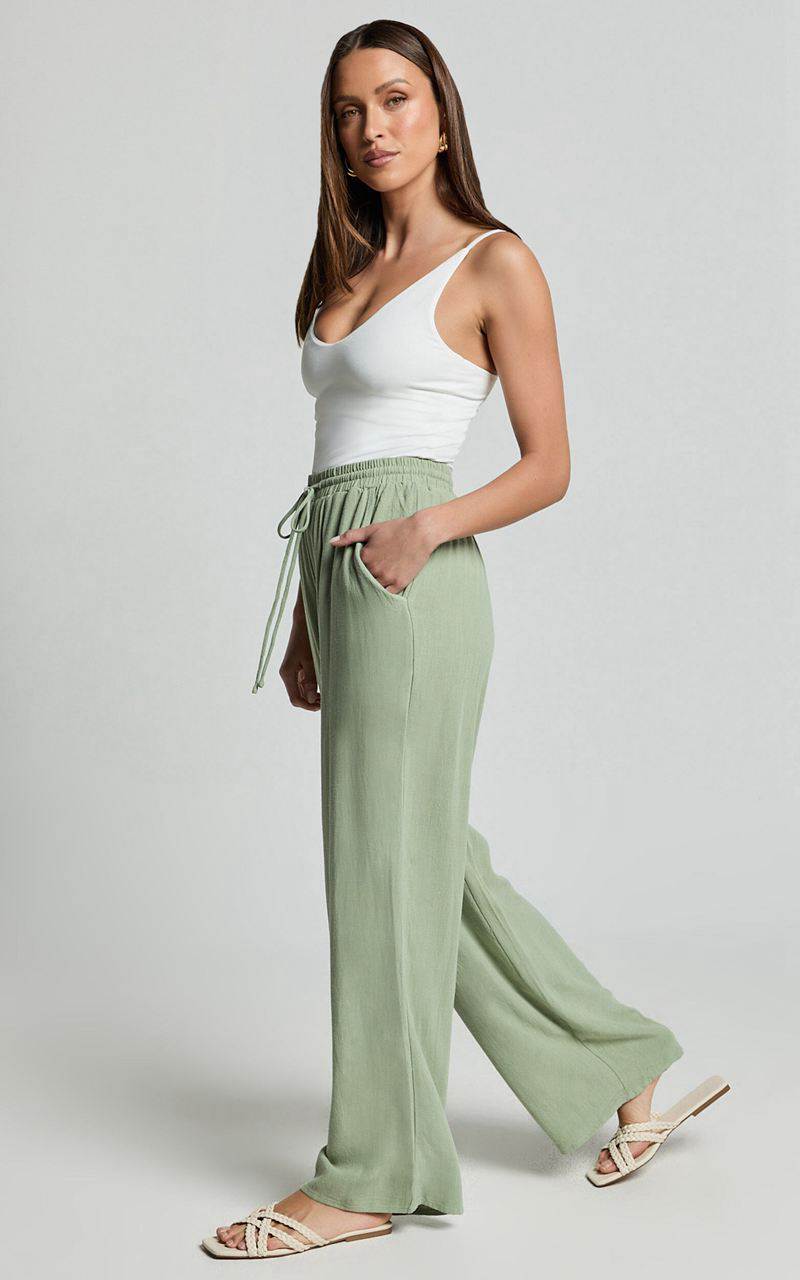 Showpo Kala Pants - Mid Waisted Relaxed Elastic Waist Pants Sage | VEWUNK372