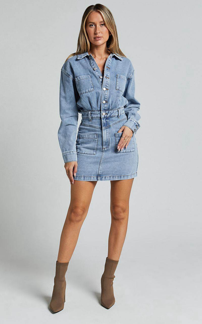 Showpo Kamala Mini Dress - Long Sleeve Button Through Denim Dress Light Blue Wash | OMGZQC368