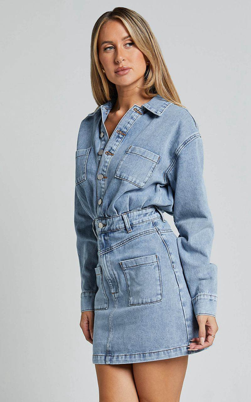 Showpo Kamala Mini Dress - Long Sleeve Button Through Denim Dress Light Blue Wash | OMGZQC368