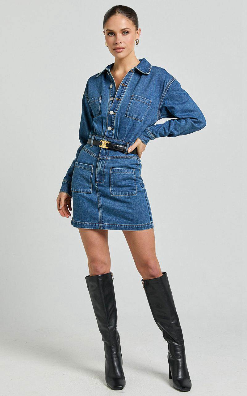 Showpo Kamala Mini Dress - Long Sleeve Button Through Denim Dress Dark Blue Wash | BCIMLV485