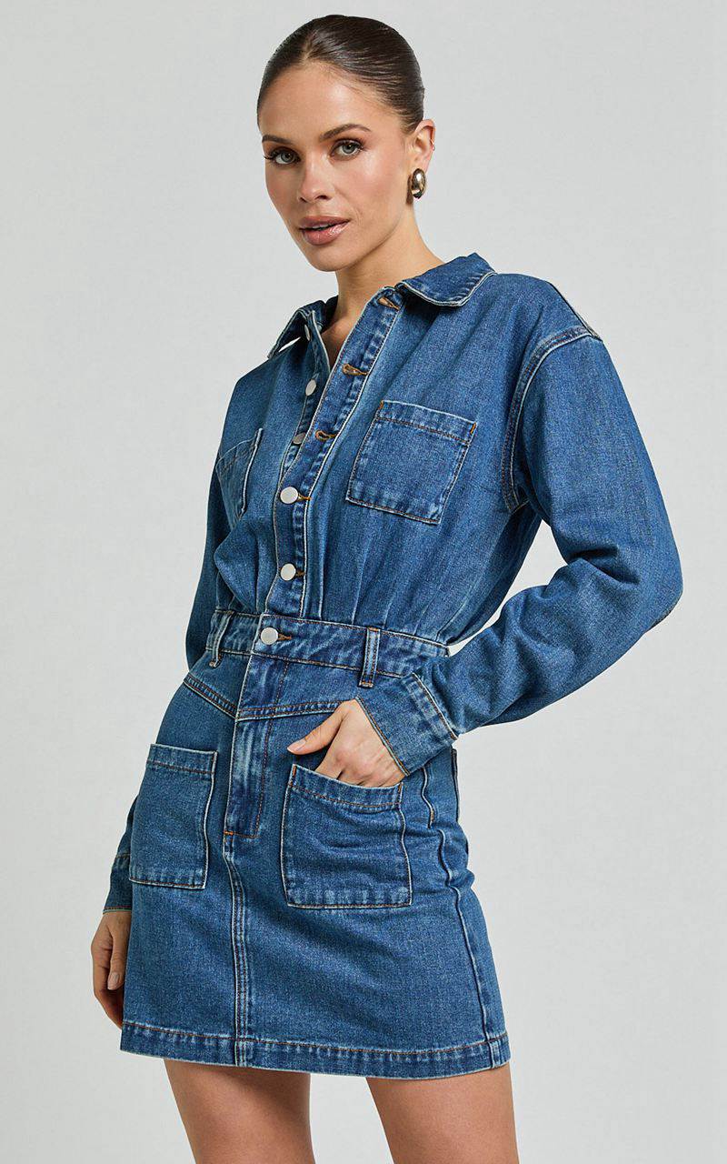 Showpo Kamala Mini Dress - Long Sleeve Button Through Denim Dress Dark Blue Wash | BCIMLV485