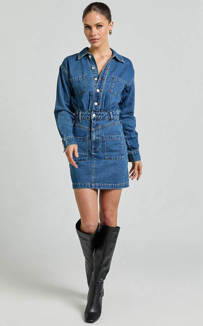 Showpo Kamala Mini Dress - Long Sleeve Button Through Denim Dress Dark Blue Wash | BCIMLV485