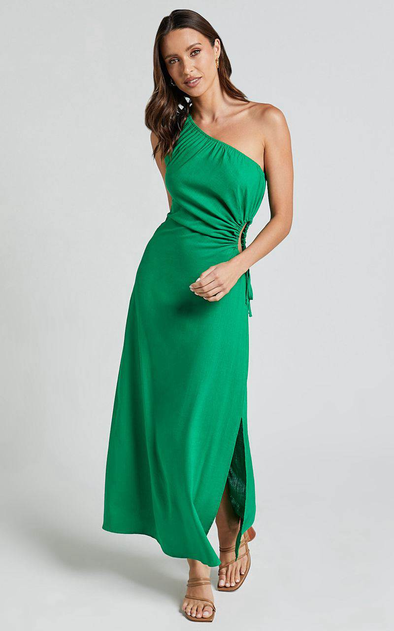 Showpo Kari Midi Dress - One Shoulder Slip Dress Green | ACUZJK148