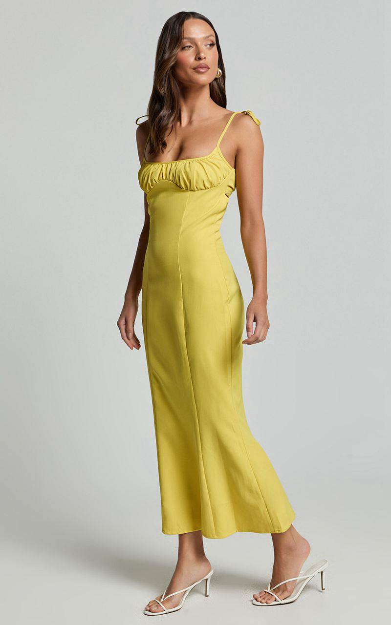 Showpo Karina Midi Dress - Ruched Bust Tie Shoulder Fit And Flare Dress Lemon | PIBWXF572