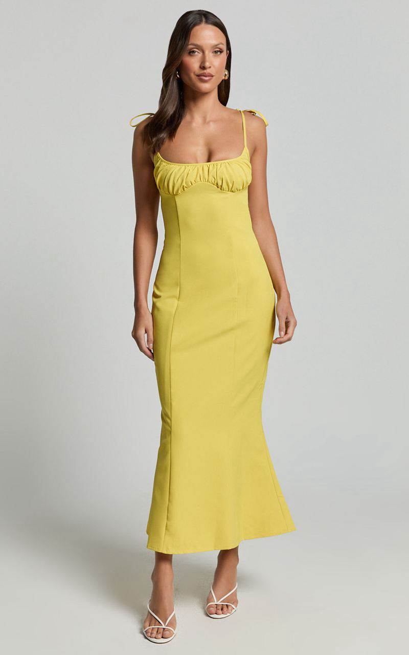 Showpo Karina Midi Dress - Ruched Bust Tie Shoulder Fit And Flare Dress Lemon | PIBWXF572